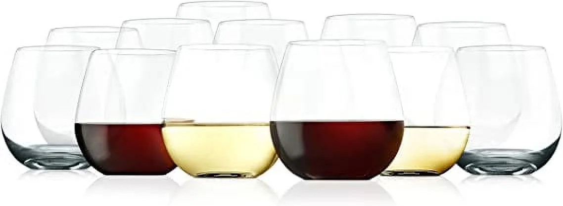 NutriChef 15oz Stemless Wine Glasses Set of 12 Ultra-Thin Elegant Wine Crystal Glass Drinkware