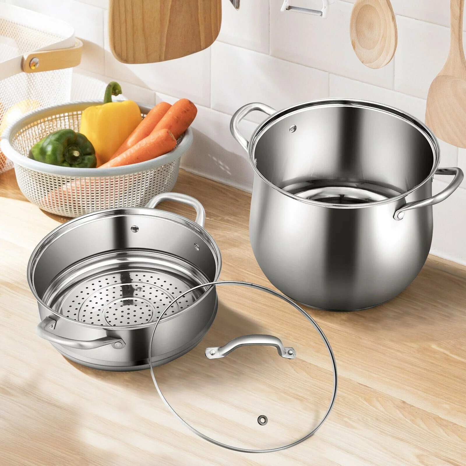 2-Tier Steamer Pot Saucepot Stainless Steel w/ Tempered Glass Lid