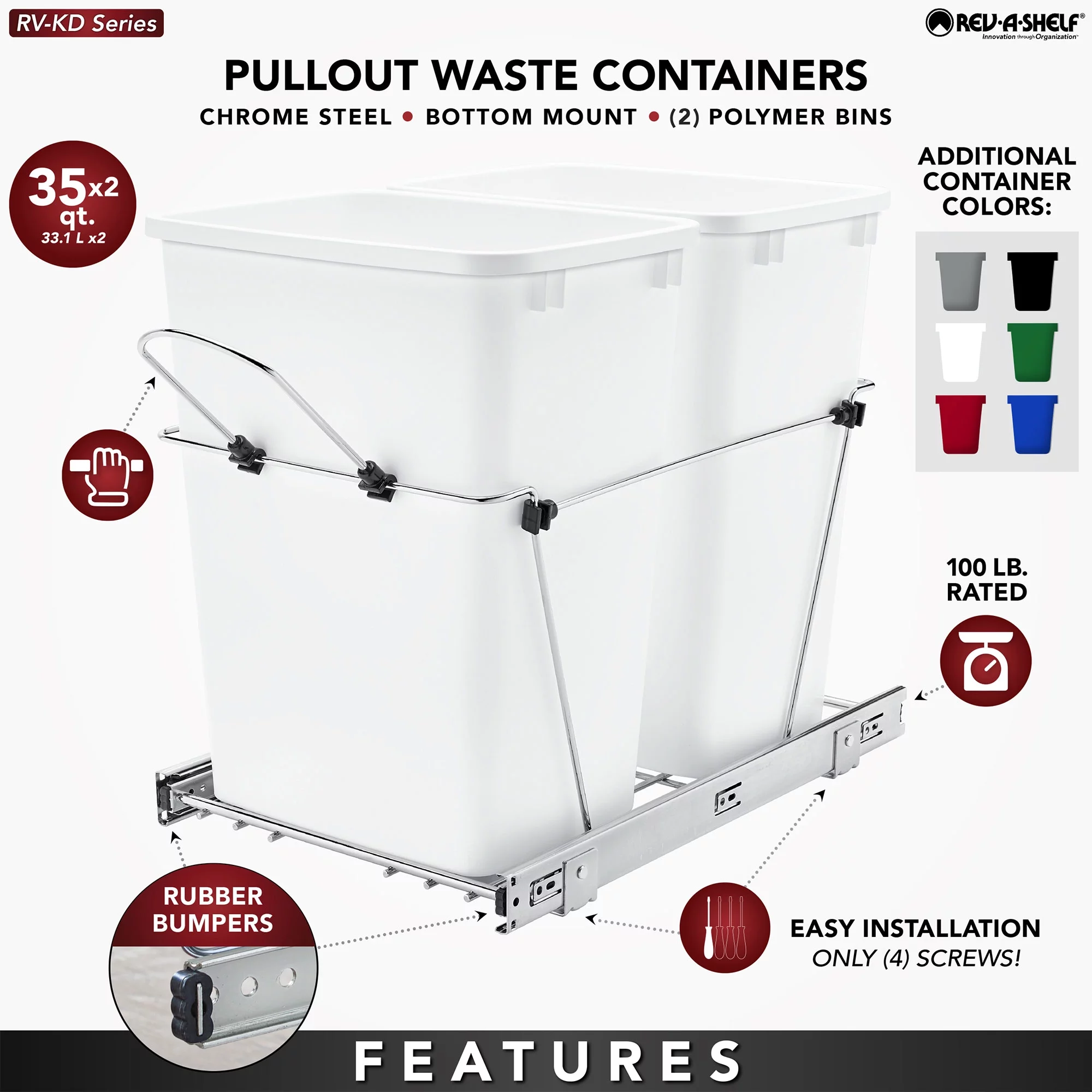 Rev-A-Shelf RV-18KD-18C S Double 35 Quart Pull Out Waste Containers, Black