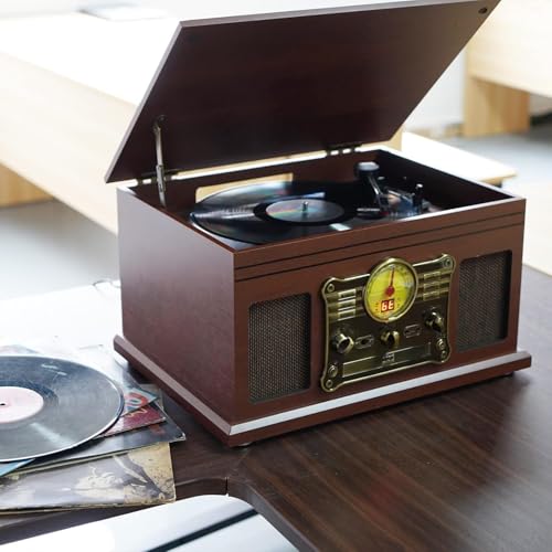 Turntable Bluetooth with Stereo Speakers, Support Vinyl-to-MP3 Recording Converter with CD, Cassette Player, FM, aux-in and Headphone Jacks, Brown