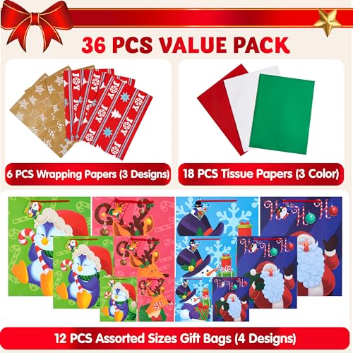 JOYIN 36 Pcs Christmas Bags with Tissue Papers and Tag, Assorted Sizes Set for Wrapping Xmas Holiday Presents, Thanksgiving Gift Decoration, Present Wrapping, School Classrooms, Party Favors