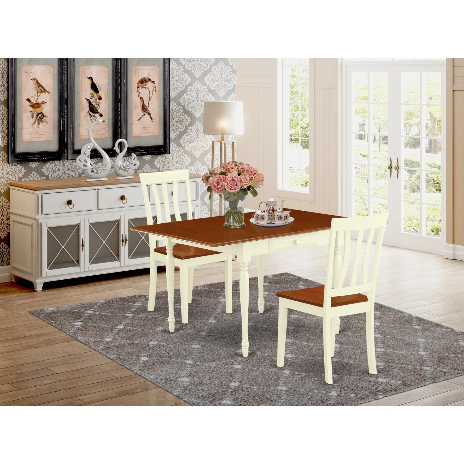 HomeStock Vintage Vogue 3Pc Dinette Set Consists Of A Rectangle Table And 2 Modern Dining Chairs With Solid Wood Seat, Drop Leaf Table With Slat Back Chairs, Buttermilk And Cherry Finish