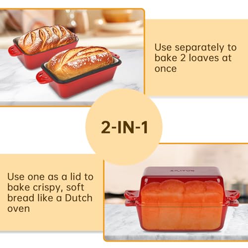 9x5 Enameled Cast Iron Loaf Pan with Lid - 2 in 1 Homemade Sourdough Bread Baking Pan