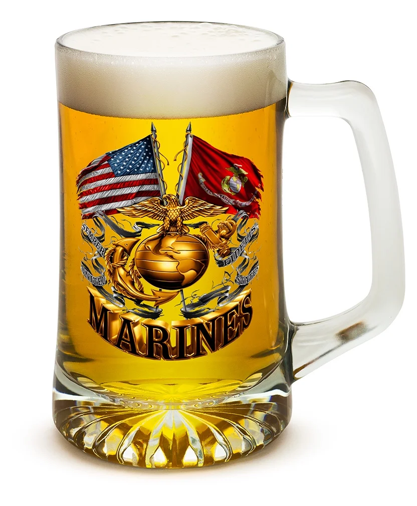 Beer Mugs with Handles – US Marine Corps Tankard Beer Mug – Double Flag Gold Globe Marine Gifts for Men or Women – Beer Glasses with Logo – Set of 4 (25 Ounces)