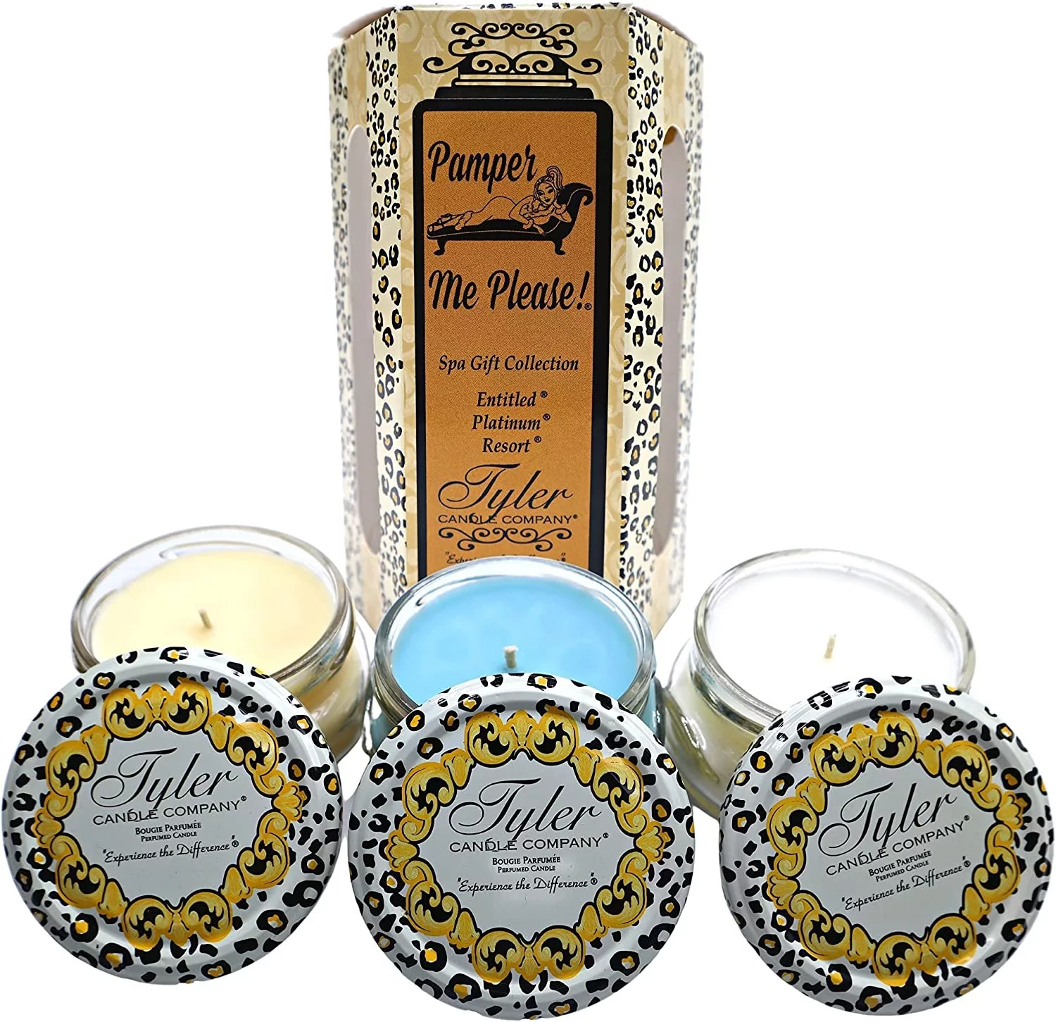 Tyler Candle Company, Pamper Me Please! Spa Gift Collection, Scented Candles Gifts for Women, Ultimate Aromatherapy Experience, 3 Luxurious Candles with Essential Oils, 3.4 oz Each