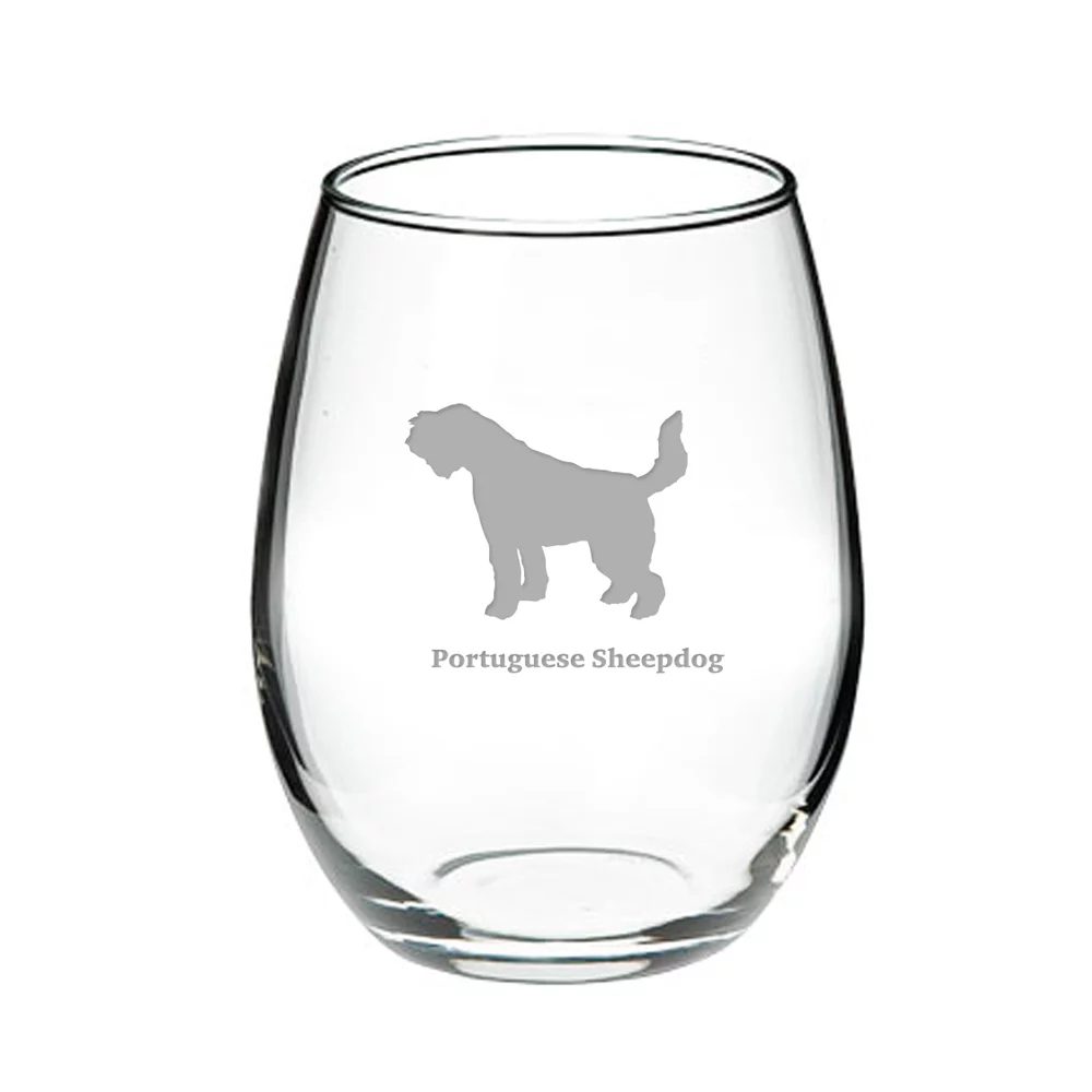 Portuguese Sheepdog Deep Etched Stemless Red Wine Glass