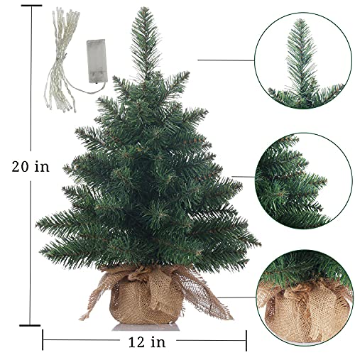 Pre-Lit Artificial Mini Christmas Tree,20 inch Small Pine Xmas Tree with 40 LED Lights,70 Branch Tips,Battery Operated Tabletop Christmas Tree Burlap Base-(50cm)