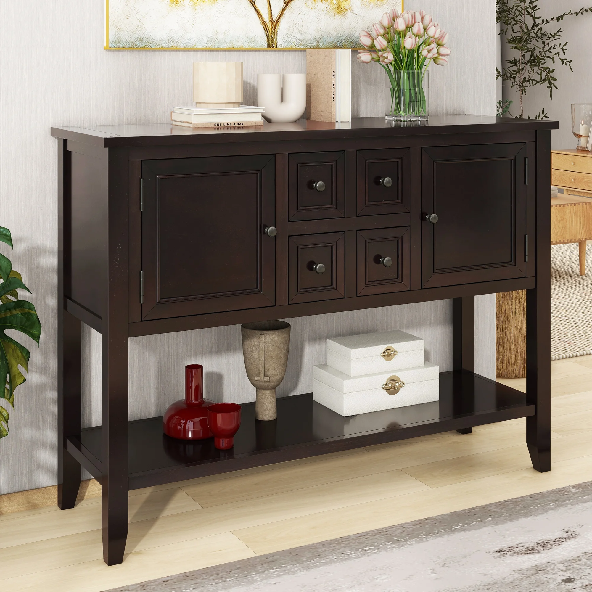 CoSoTower Series Ample Storage Vintage Console Table with Four Small Drawers and Bottom Shelf for Living Rooms, Entrances and Kitchens, Espresso