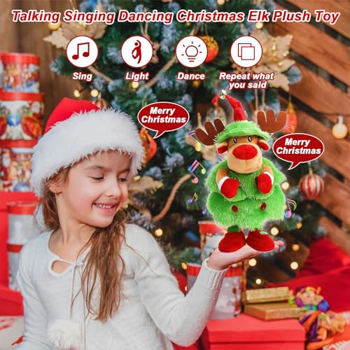 KKUYT LED Musical Christmas Tree Reindeer Stuffed Animal Repeat What You Say Singing Dancing Elk Plush Toy Lights Up Mimicking Twisting Interactive Animated Elk Doll Toy Christmas Decoration Gift(Elk)