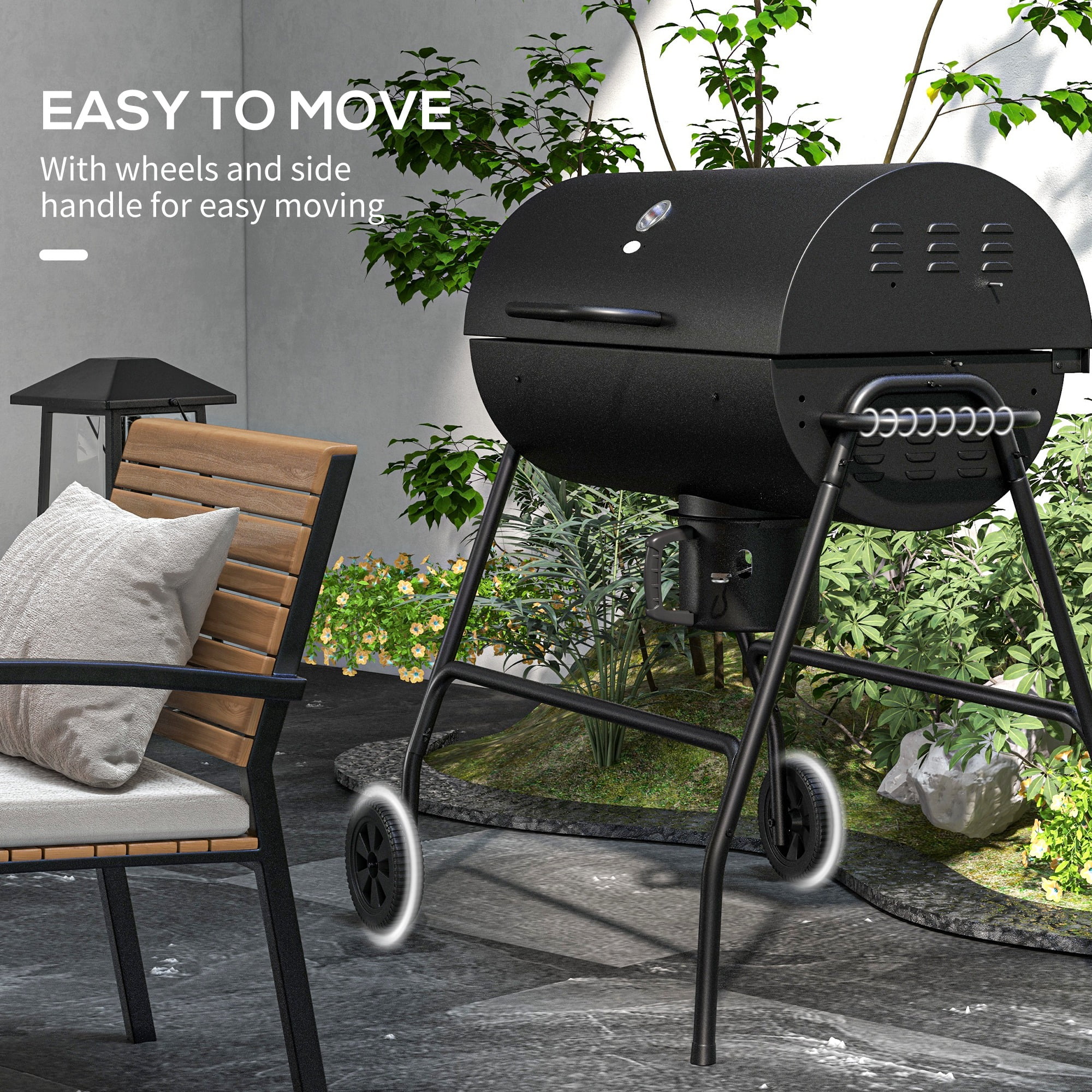 Outsunny Barrel Charcoal BBQ Grill, Wheeled Barbecue, Black