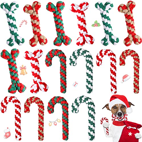 Zubebe 16 Pieces Christmas Dog Rope Toys Classic Crutch Shape Candy Cane Bone Pet Chew Toys for Puppy Small Medium Large Dog Chewing Teething Clean and Training