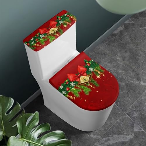 Christmas Bow Bell Toilet Tank Lid Cover and Toilet Seat Lid Cover 2 Pcs Set Toilets Covers with Elastic Cloth Fits Most Toilets Tanks & Lids