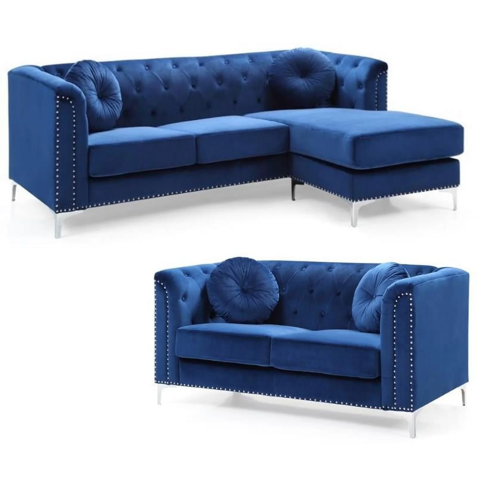 Home Square 2-Piece Set with Velvet Sofa Chaise and Loveseat in Navy Blue