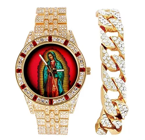 Charles Raymond The Virgin of Guadalupe Blessed Dial - Mens Hip Hop Metal Timepiece - Blood Red Baguettes and Clear Rhinestones on Trim w/Iced Cuban Bracelet - (ST10361BC Gold)