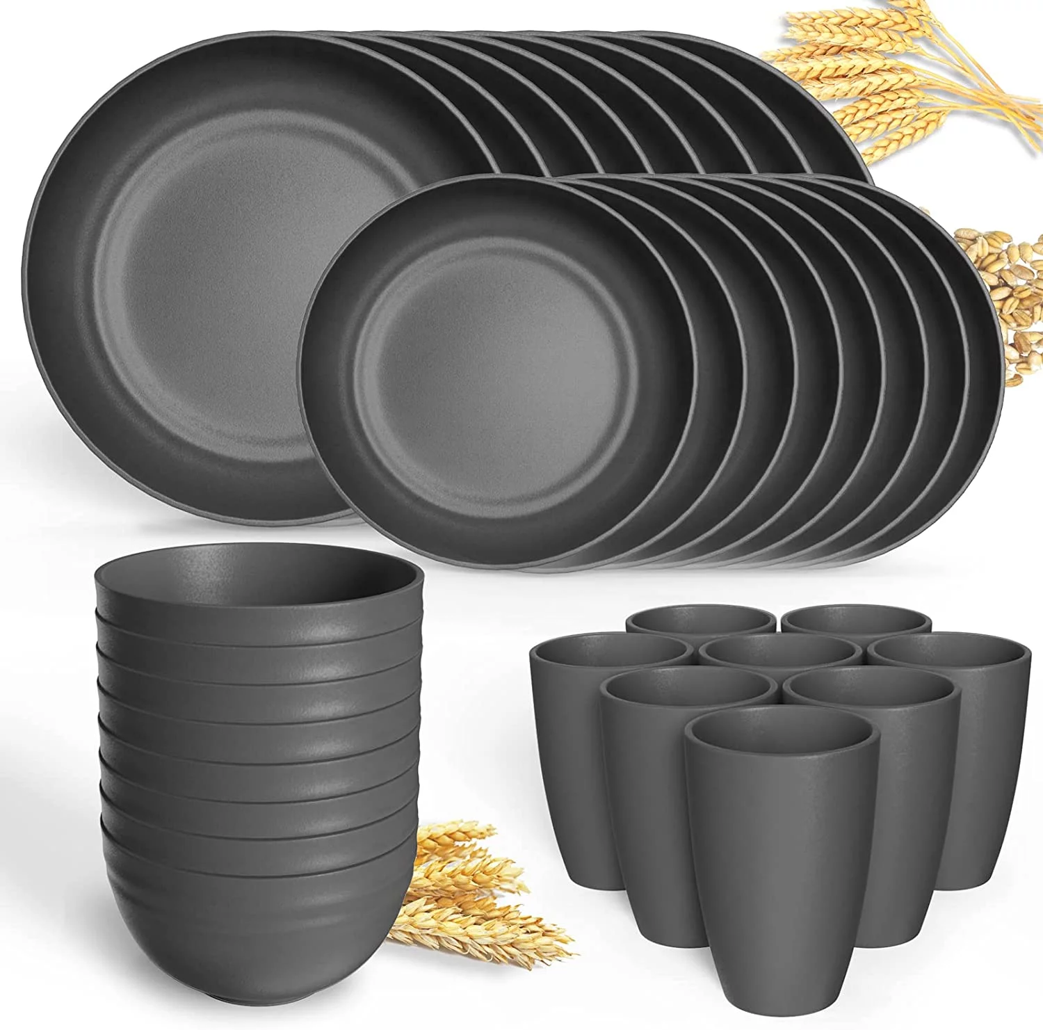 HANMFEI Wheat Straw Dinnerware Sets for 8 (32pcs), Plastic Plates and Bowls Sets, Unbreakable Dinnerware, Lightweight Plastic Plate Set, Dinner Plates, Dessert