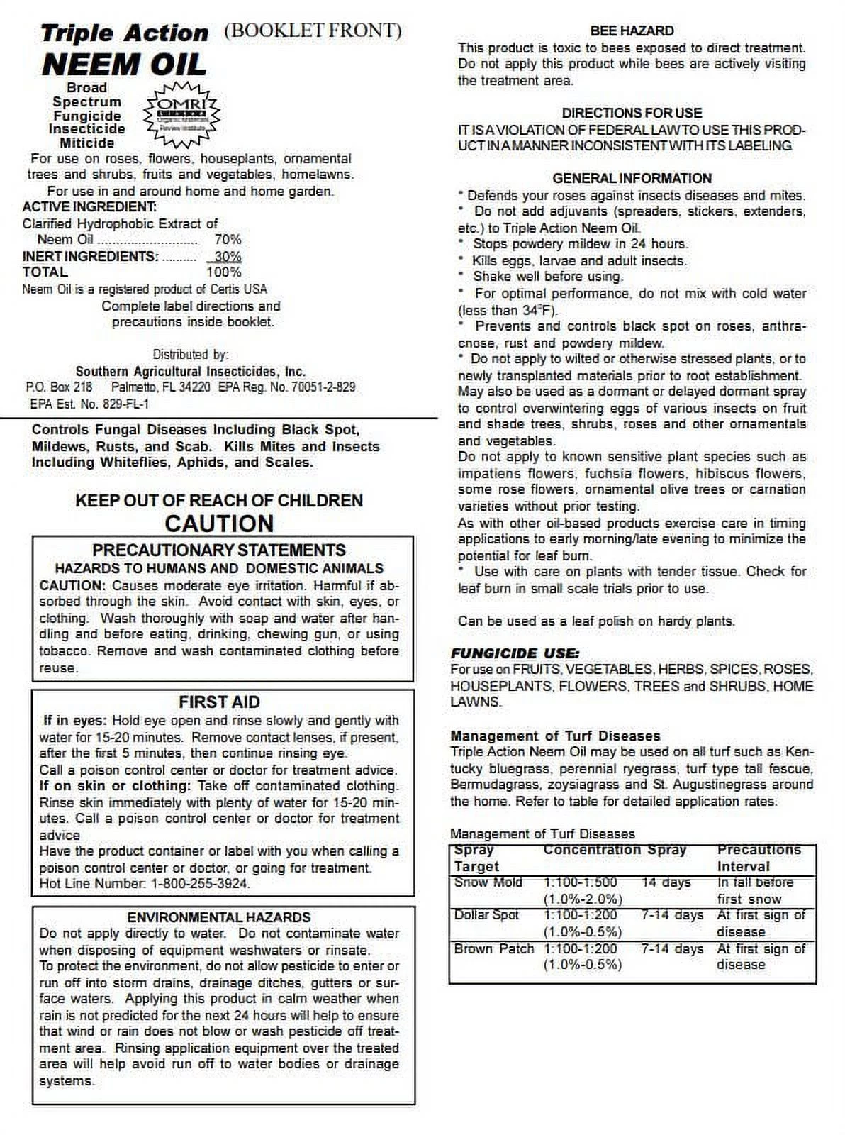 Triple Action Neem Oil – Fungicide/Insecticide/Miticide – 16 fl oz Bottle by Southern Ag