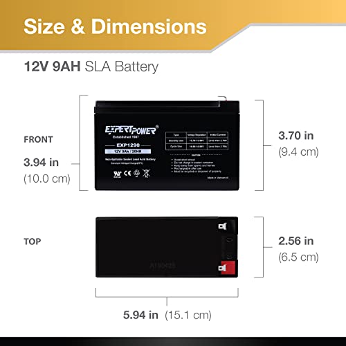 ExpertPower 12v 9ah Sealed Lead Acid Battery with F2 Terminals (.250