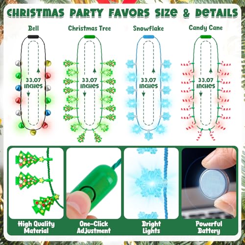 4PCS Christmas Light Up Necklace, 3 Modes Xmas Accessories with Bell Tree Candy Cane Snowflake Designs, Vibrant Bulbs Festive Party Supplies, Christmas Necklace for Ugly Sweater Party Favors