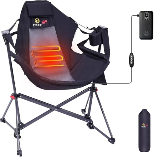 Nice C Heated Hammock Camping Chair, Swing Chair, Folding Rocking Chair, Camping Chair, High Back with Stand, Cup Holder, Side Pocket, Heavy Duty 10000mAh Power Bank Included(Set of 1)