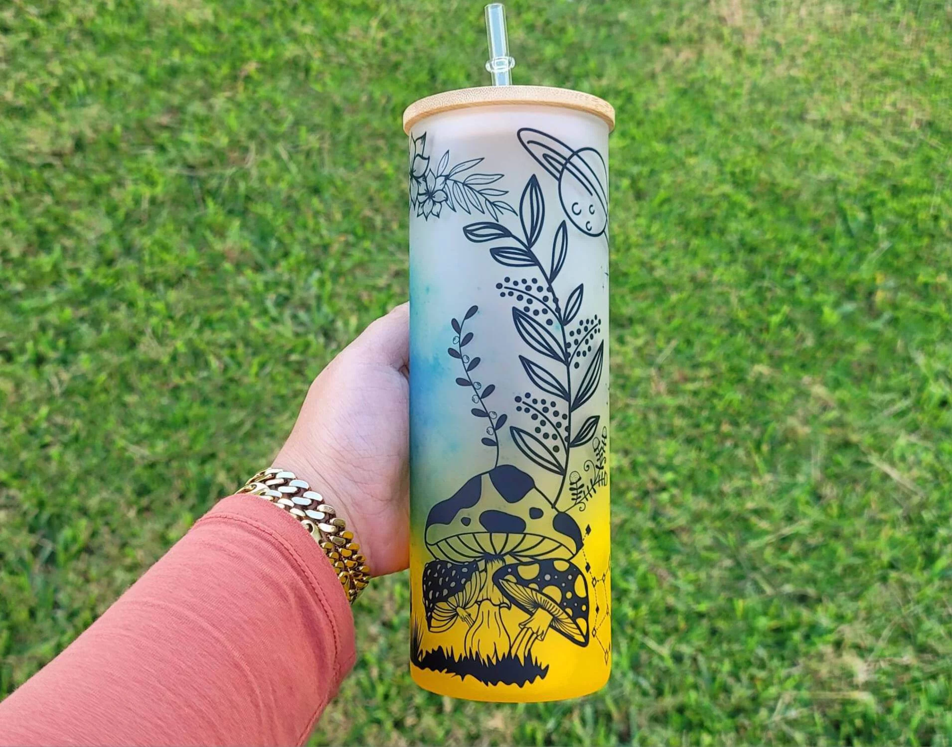 Mushroom Beer Can Glass | Boho Mushroom Coffee Glass | Aesthetic Coffee Glass | 24 oz