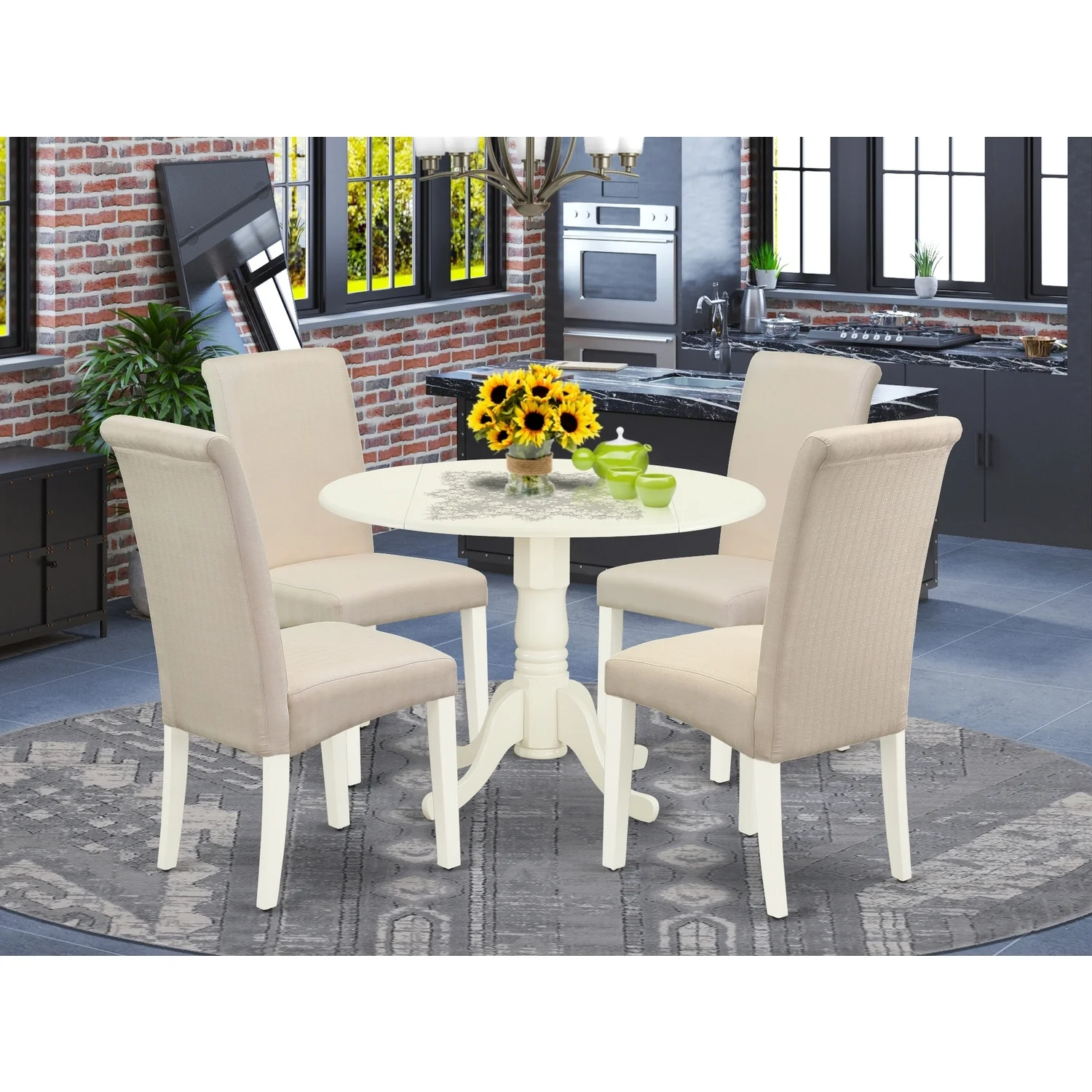 HomeStock Antique 5Pc Dining Set Includes A Small Round Dinette Table With Drop Leaves And Four Parson Chairs With Cream Fabric, White Finish