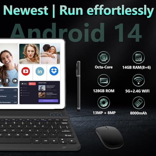 Android 14 Tablet 10 Inch, 4G Cellular Tablets, Octa-Core, 128GB Storage + 14(8+6)GB RAM/ 1TB Expandable, 5G WiFi, 8000mAh Battery, Bluetooth 5.0, 13MP+8MP Camera, Tableta with Keyboard/Case, Silver