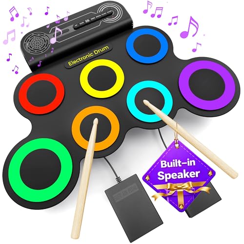 Electric Drum Set Built-in Speaker, Kids Drum Pad and Sticks, Portable Roll Up Drums Practice Pad for Kids, Great Birthday for Girls Boys