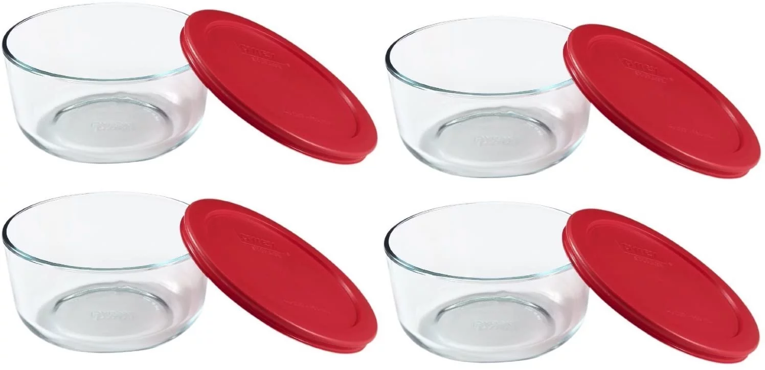 Pyrex 7203 7-Cup Glass Food Storage Bowl and 7402-PC Red Plastic Lid (4-Pack)