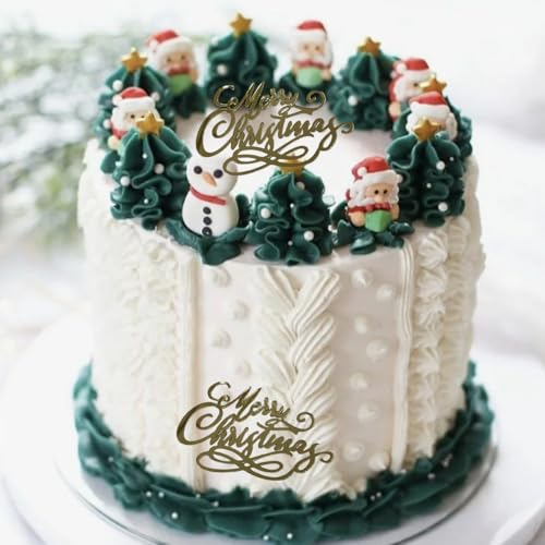 10Pcs Gold Acrylic Mirror Merry Christmas Cake Toppers Engraved Cake Decorations for Xmas Party Dessert DIY Decor Supplies