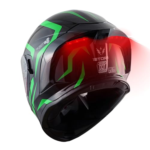 1Storm New Motorcycle Bike Modular Full Face Helmet Dual Visor Sun Shield with Rechargeable LED Tail Light: LED-X90 Carbon Fiber Black