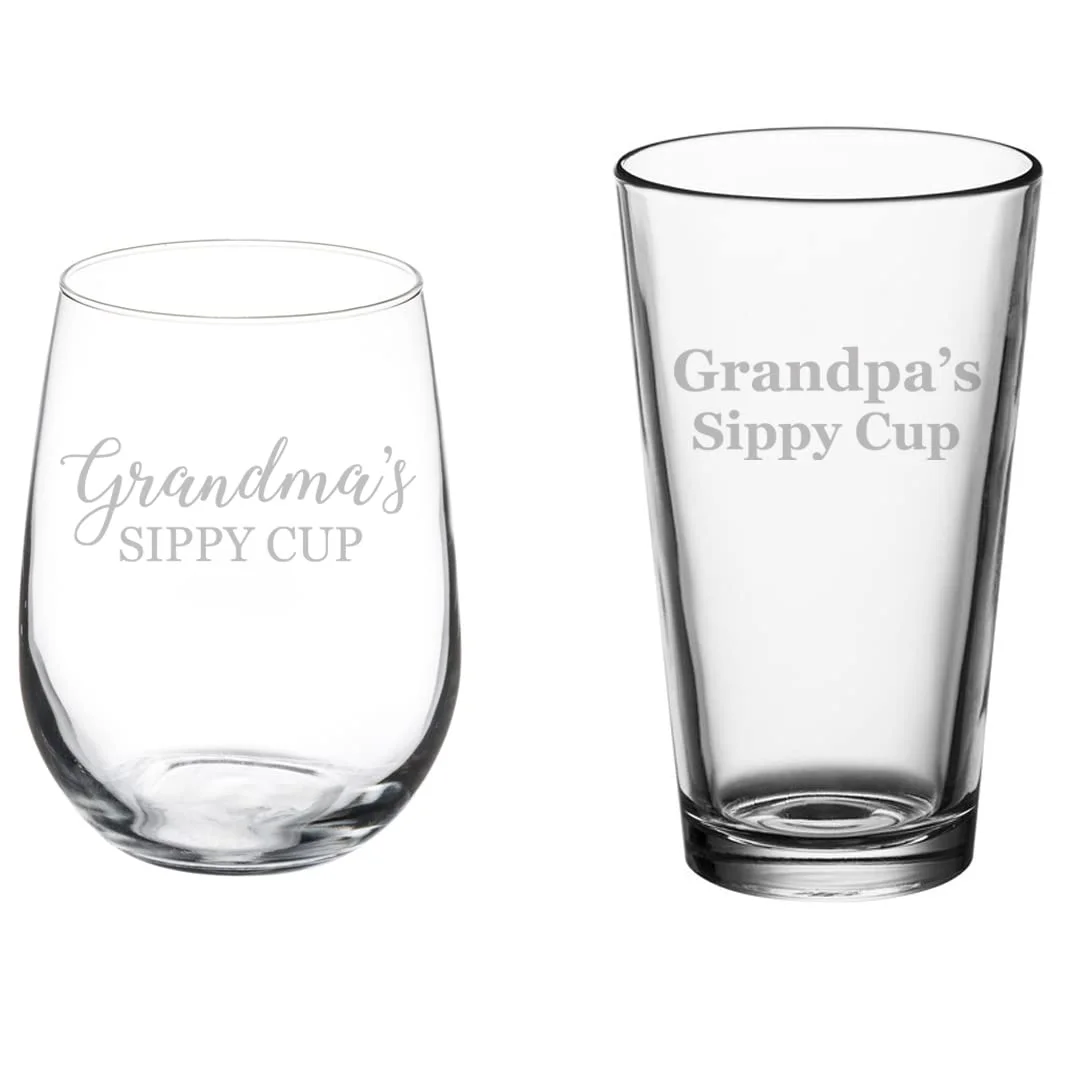 Set of 2 Glasses Stemless WINE & Beer PINT Glass Gift Grandma And Grandpa's Sippy Cups Grandparents