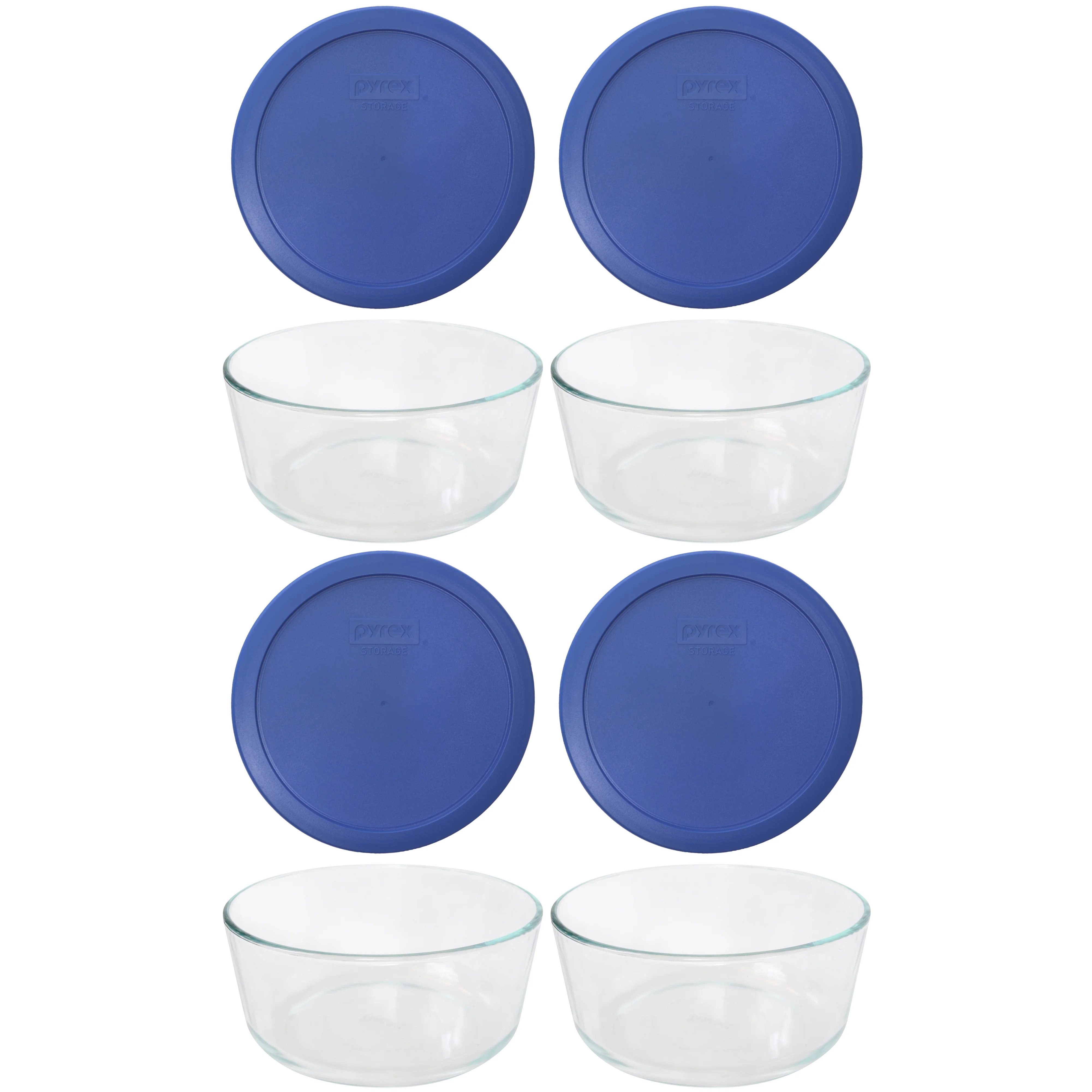 Pyrex (4) 7203 7-Cup Glass Bowl and (4) 7402-PC 7-Cup Amparo Blue Lids, Made in the USA (4-Pack)