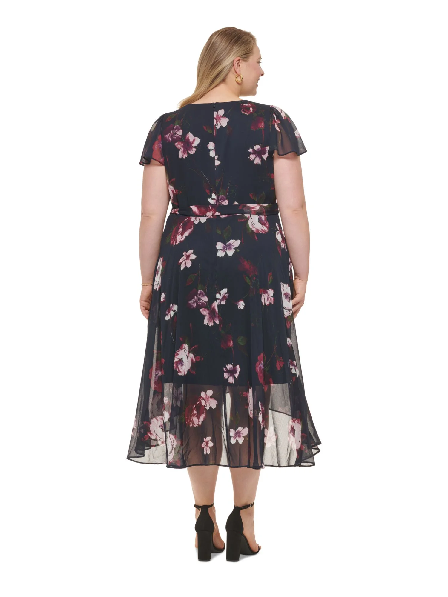 DKNY Womens Navy Zippered Lined Floral Short Sleeve Surplice Neckline Below The Knee Wear To Work Shift Dress Plus 20W