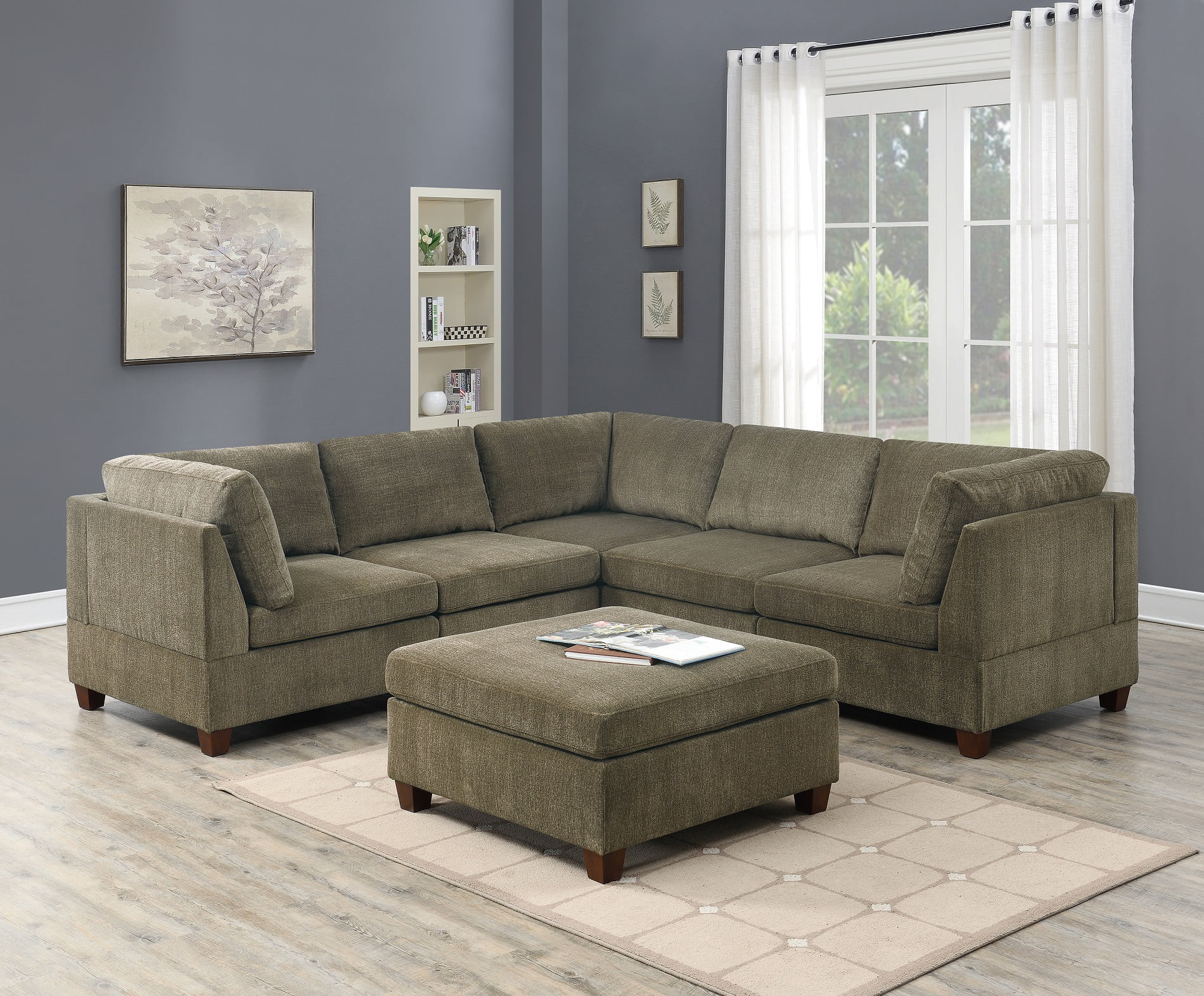Contemporary Modern Unique Modular 6pc Sectional Sofa Set Tan Chenille Fabric Wood Legs 3 x Corner Wedge 2x Armless chairs and 1 x Ottoman