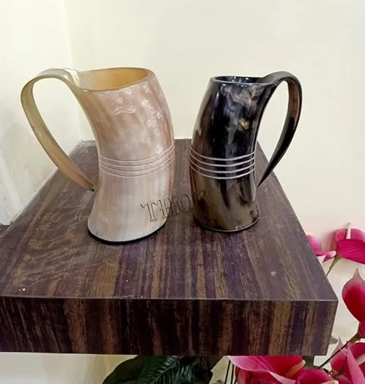 Drinking Viking drinking horn Mug | Mug for Hot & Cold Drinks - Food Grade Medieval Style Man's Beer & Mead Cup Natural Finish Gifts Set Of 2 Rustic Vintage Home Decor Gifts