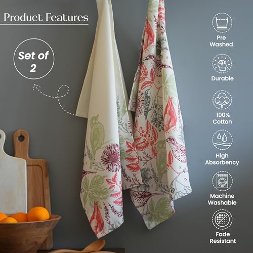 The Fine Living Co. 100% Cotton Merry Christmas Kitchen Towels, 18'x28' Set of 2 (Cherry Red & Green)