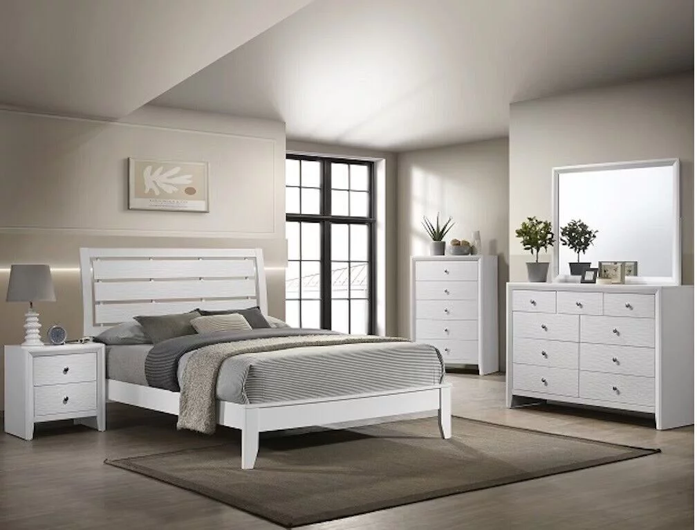 5pc Beautiful White Finish Queen Size Panel Bed Set Wooden Master Bedroom Furniture