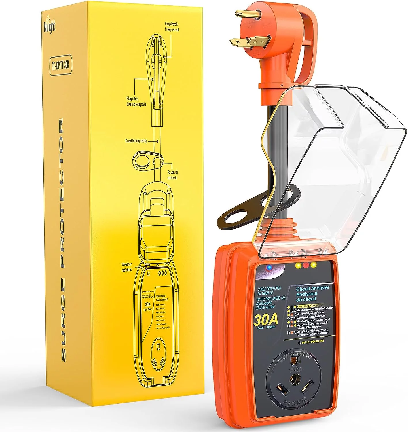 Nilight 30Amp RV Surge Protector Circuit Analyzer 2100 Joules Voltage Monitor High Low Voltage Spikes Power Defender 125V/3750W ETL Listed Power Guard for RV Camper Van Trailer, 2 Years Warranty