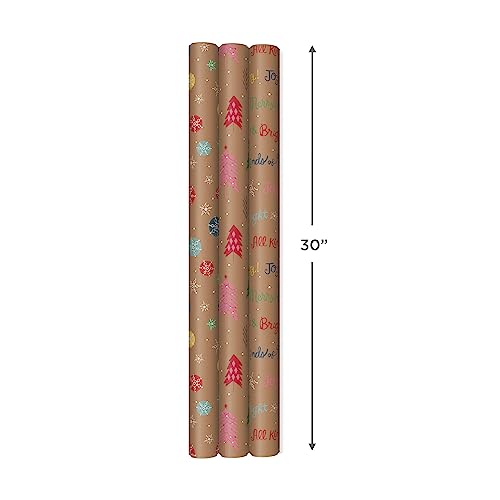 Hallmark Christmas Wrapping Paper Rolls, Brown Kraft Holiday Gift Wrap (Pack of 3: 90 sq. ft. ttl) Snowflakes, Pink Trees, 