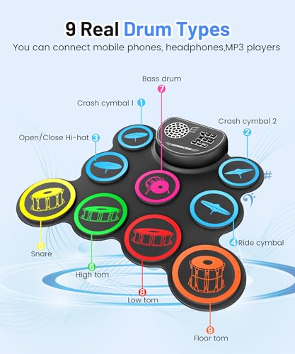 Electronic Drum Set, 9-Drum Practice Pad with Headphone Jack, Roll-up Drum Kit Machine with Built-in Speaker Drum Pedals and Sticks 10 Hours Playtime, Great Christmas for Kids