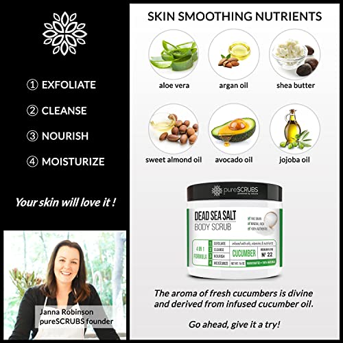 pureSCRUBS Premium Eucalyptus Body Scrub Set - Large 16oz Dead Sea Salt Body Scrub With Infused Essential Oils & Nutrients, Includes Wooden Spoon, Loofah & Oatmeal Exfoliating Bar Soap