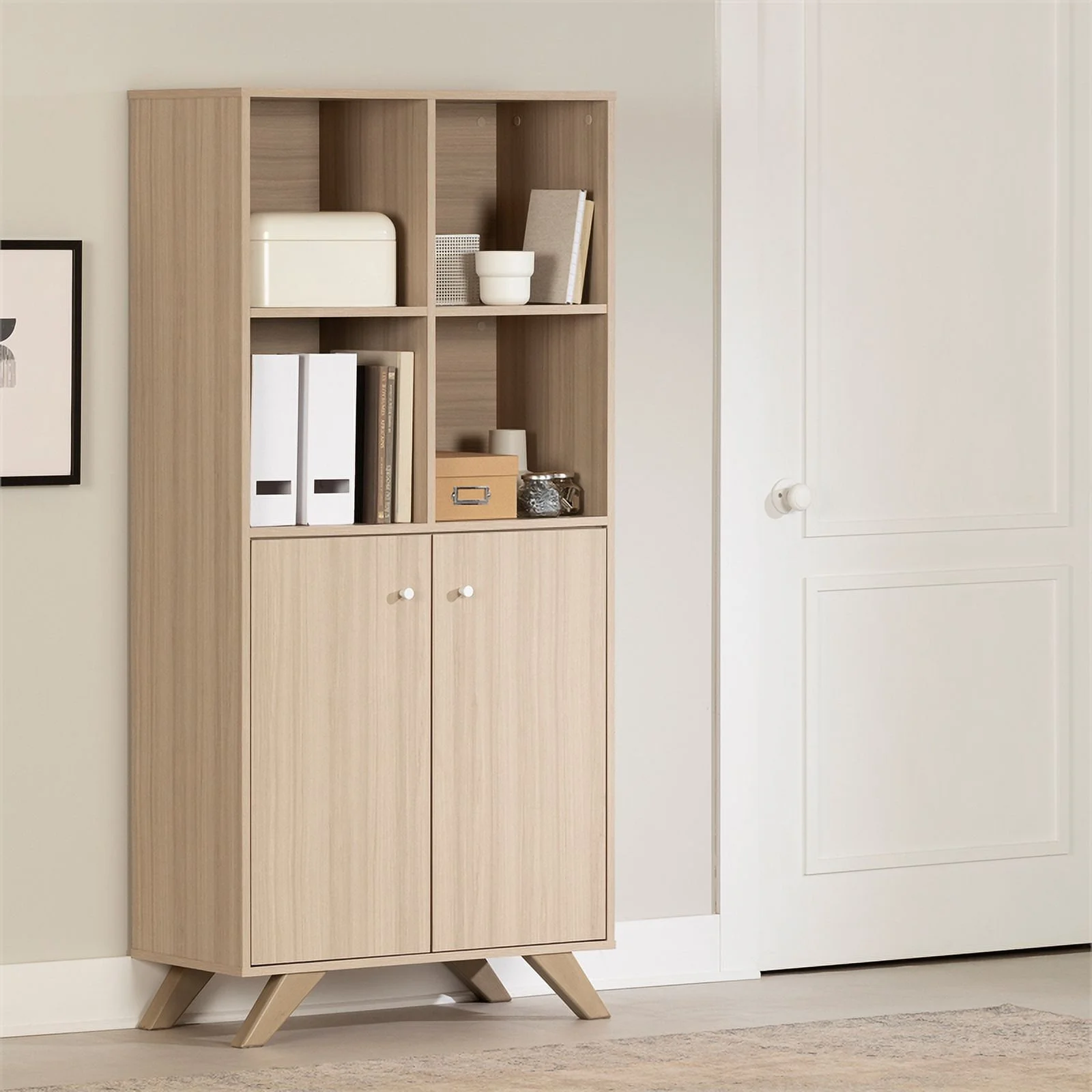 Pemberly Row Contemporary Bookcase with 2 Doors & 4 Open Storage Spaces Soft Elm