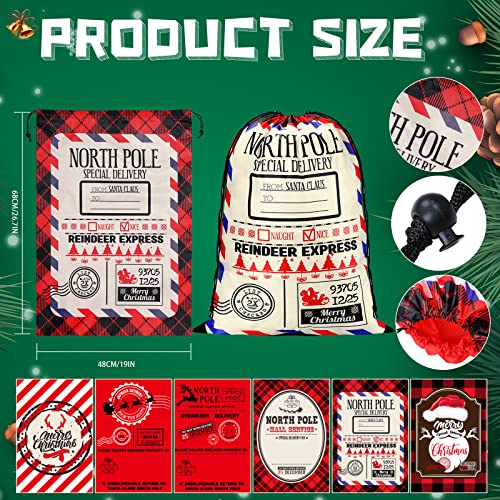 Macarrie 6 Pcs Christmas Santa Sack Large Polyester Gift Bag with Drawstring and Adjustable Buckle Large Santa Gift Wrap Bags for Xmas Presents Christmas Package Party Supplies