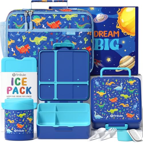 Fimibuke Kids Bento Snack Lunch Box with 4 Compartment, Insulated lunch Bag, Stainless Steel Vacuum Thermos Food Jar, Ice Pack, Utensils Set, Birthday Gift for Age 3-12 Back to School Toddler Girl Boy