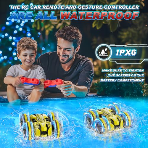 Waterproof Remote Control Car，4WD Amphibious 2.4 GHz RC Car Remote Control Boat，360°Rotation RC Stunt with LED Lights，Boys Girls Gifts All Terrain Water Beach Pool Toy