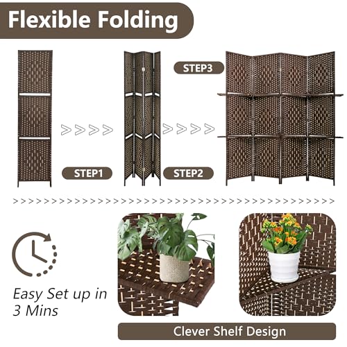 PayLessHere Room Divider 4 Panel Room Screen Divider Wooden Screen Folding Portable Partition Screen Wood with Removable Storage Shelves Color, Brown
