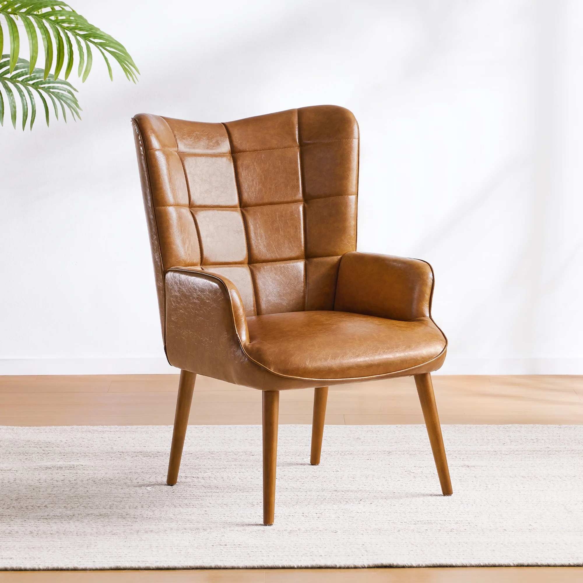 HUIMO Faux Leather Accent Chair, Mid-Century Modern Armchair with Wing Side, Cozy and Soft Padded and High Back for Living Room/Home Office/Bedroom,Brown