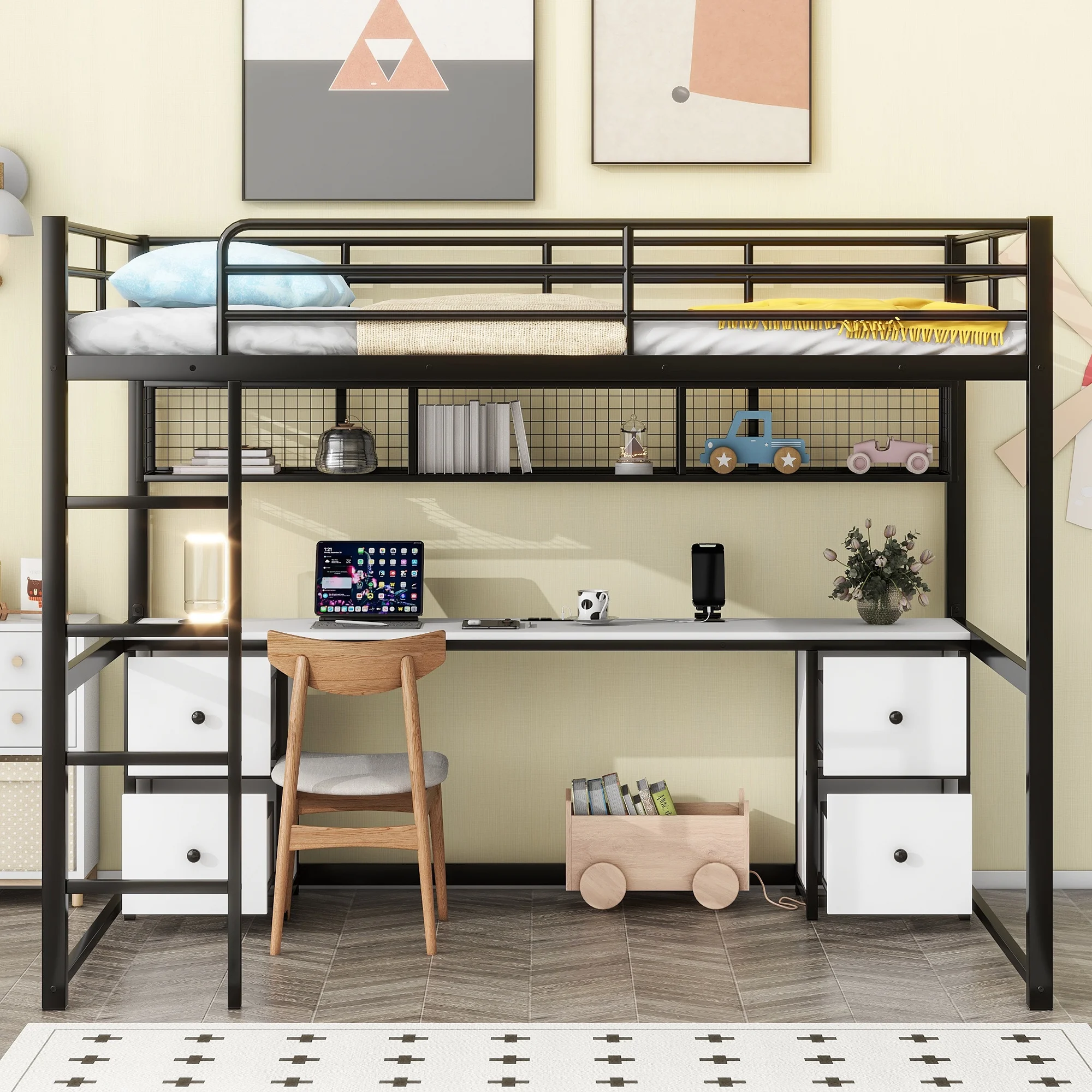 Euroco Metal Full Size Loft Bed with Storage Shelf and Built-in Desk & Cabinet, USB Charging Station and Bedside Tray, Black