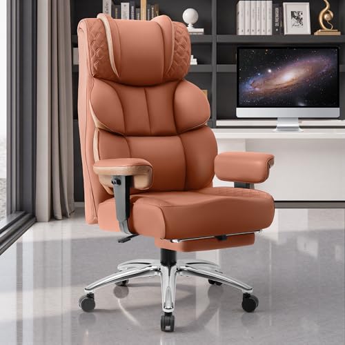 Office Desk Chair, Big and Tall Leather Gaming Chair with Footrest, Wide Ergonomic Comfy Executive High-Back Reclining Computer Chairs, Swivel Rolling Wheels and Padded Lumbar Support, Black