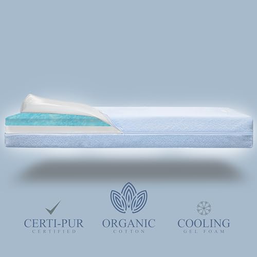 Organic Cotton Dual-Sided Crib Mattress | 2-Stage Premium Memory Foam CertiPUR-US Hypoallergenic Baby Mattress, Firm Support for Infant, Cooling Gel for Toddler, Waterproof Washable Cover, (Blue)